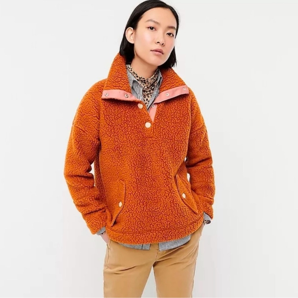 J. Crew Rust Sherpa Snap-Placket Pullover - image 1